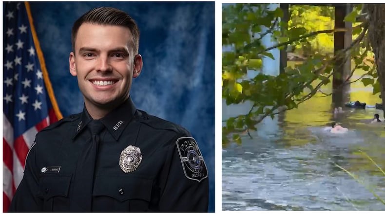Officer Ryan Smith of the Marietta Police Department was off-duty at Canoe alongside the Chattahoochee when diners spotted a woman floating helplessly down the river. Smith and Canoe employee Tim Eskew jumped into the river to help pull the woman to safety.