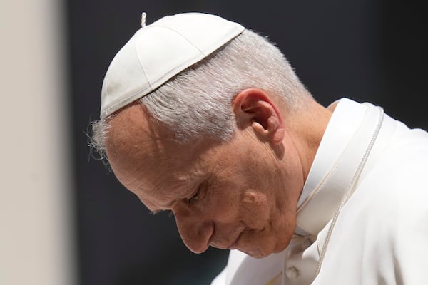 Pope Leo XIV leaves after his weekly general audience in St. Peter's Square at The Vatican, Wednesday, June 4, 2025. (AP Photo/Gregorio Borgia)