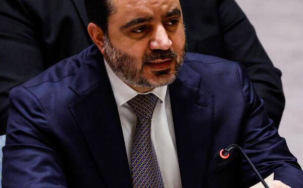 Syria's Foreign Minister Asaad Al-Shibani speaks as he attends a Security Council meeting on the situation of the Middle East at United Nations Headquarters on Friday, April 25, 2025. (AP Photo/Kena Betancur)