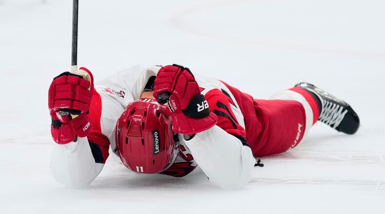 Carolina Hurricanes center Jordan Staal celebrates his goal during the third period in Game 4 of the NHL hockey Stanley Cup Final series against the Vegas Golden Knights, Tuesday, June 9, 2026, in Las Vegas. (AP Photo/John Locher)