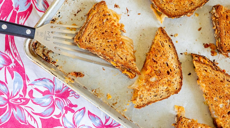 Sheet Pan Kimchi Grilled Cheese sandwiches. (Aaliyah Man for The Atlanta Journal-Constitution)
