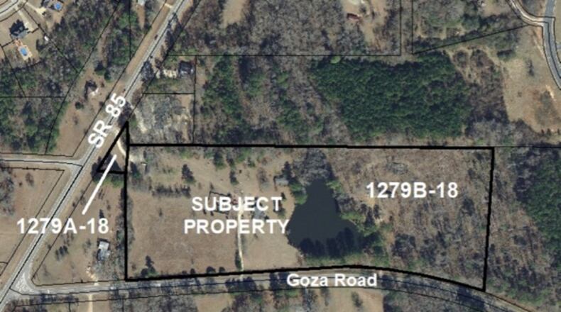 An aerial view shows newly rezoned property on Goza Road where six new homes will be built. Courtesy Fayette County