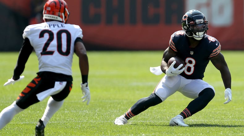 Chicago Bears running back Damien Williams (8) makes a move after a first quarter reception against the Cincinnati Bengals at Soldier Field in Chicago on Sunday, September 19, 2021. (Chris Sweda/Chicago Tribune/TNS)
