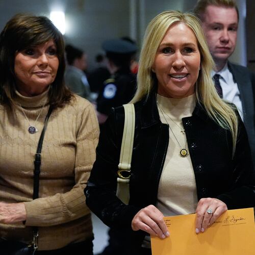 Rep. Marjorie Taylor Greene, R-Ga., departs a briefing on military strikes near Venezuela, Tuesday, Dec. 16, 2025, at the Capitol in Washington. (AP Photo/Julia Demaree Nikhinson)