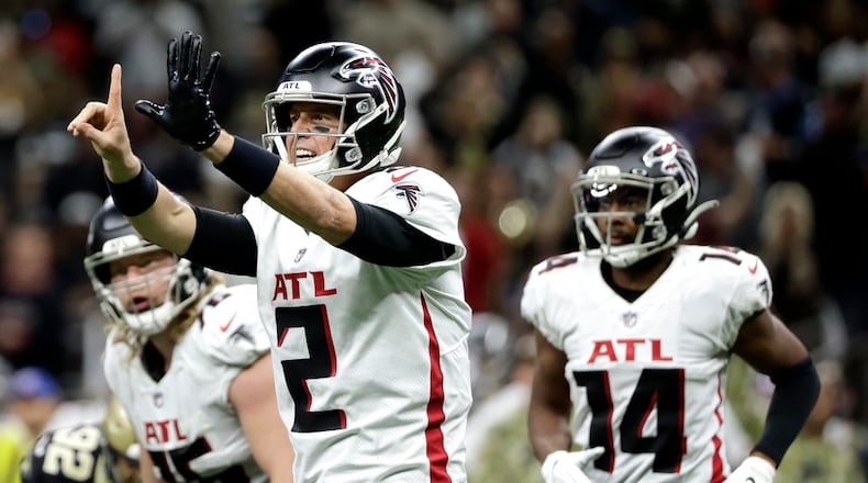 Atlanta Falcons quarterback Matt Ryan (2) calls a play during the second half of an NFL football game against the New Orleans Saints, Sunday, Nov. 7, 2021, in New Orleans. (AP Photo/Derick Hingle)