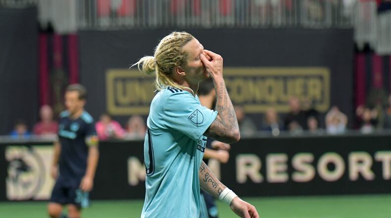 Atlanta United midfielder Brek Shea (20) reacts after failing a score against FC Dallas during the second half Saturday, April 20, 2019, at Mercedes-Benz Stadium in Atlanta. Dallas won, 2-1.