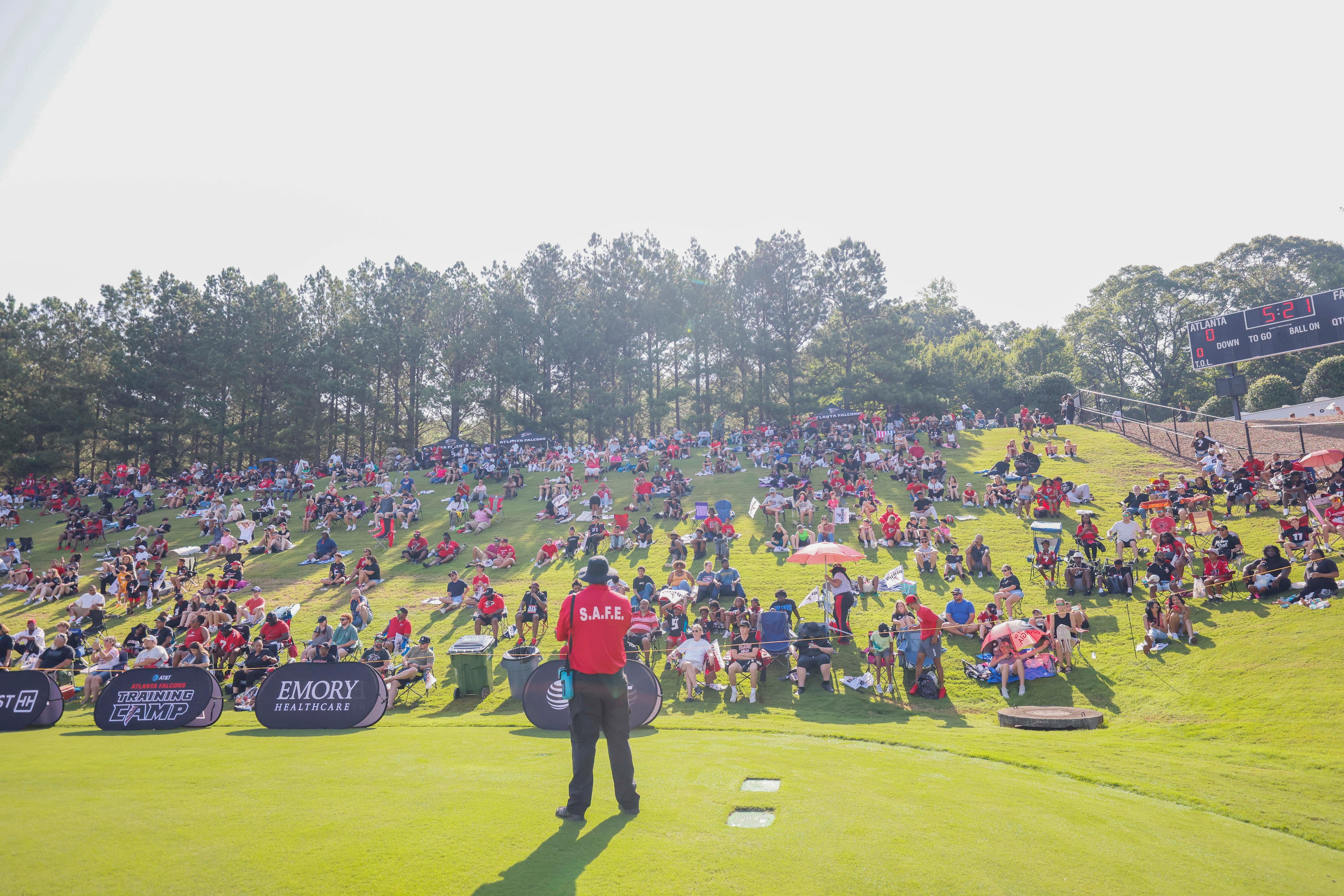 Falcons fans are seen in a good number during the first practice of training camp on Thursday, July 24, 2025, in Flowery Branch. (Miguel Martinez/AJC)