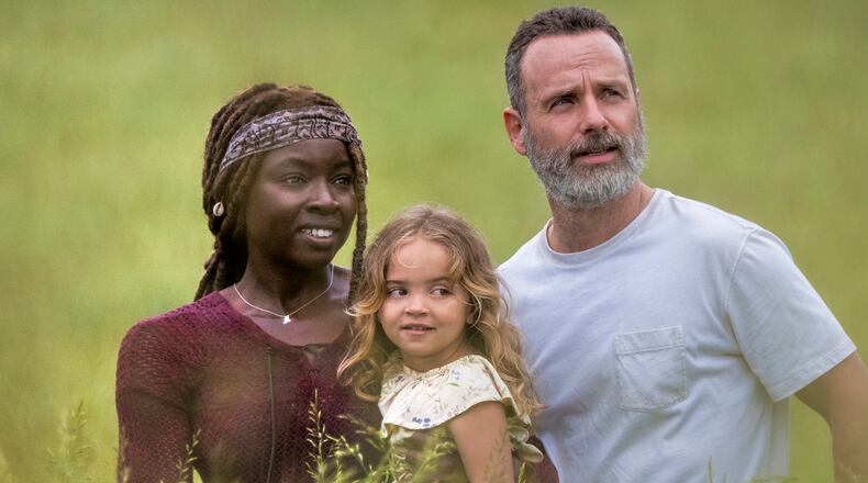Andrew Lincoln as Rick Grimes, Danai Gurira as Michonne, Chloe Garcia as Judith - The Walking Dead _ Season 9, Episode 1 - Photo Credit: Jackson Lee Davis/AMC