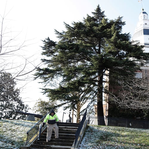 FILE - A worker blows leaves and snow off steps outside of the Maryland Statehouse on, Wednesday, Jan. 8, 2020, in Annapolis, Md. (AP Photo/Julio Cortez, File)
