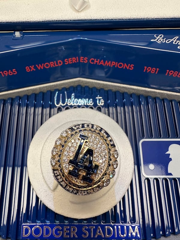 A Los Angeles Dodgers 2024 World Series ring sits in its box after a ceremony at Dodger Stadium on Friday, March 28, 2025, in Los Angeles. (AP Photo/Beth Harris)