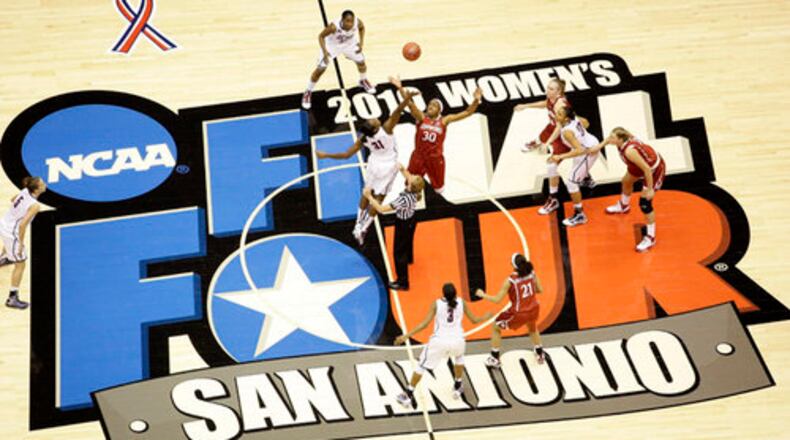 Connecticut's Tina Charles (31) and Stanford's Nnemkadi Ogwumike (30) leap up for the tip off to begin the first half of the women's NCAA Final Four college basketball championship game Tuesday, April 6, 2010, in San Antonio.