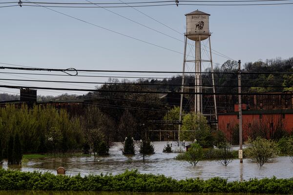 The flooded Buffalo Trace Distillery is seen on Monday, April 7, 2025, in Frankfort, Ky. (AP Photo/Jon Cherry)