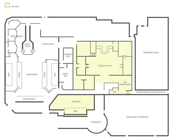 In its settlement with dancers, the Cheetah said that it had eliminated the penthouse VIP room shown on this floor plan from 2017, and replaced frosted glass doors to other VIP rooms with clear glass. Some dancers alleged that the seclusion and privacy of the VIP rooms left them unprotected and subject to physical or sexual abuse from patrons. AJC