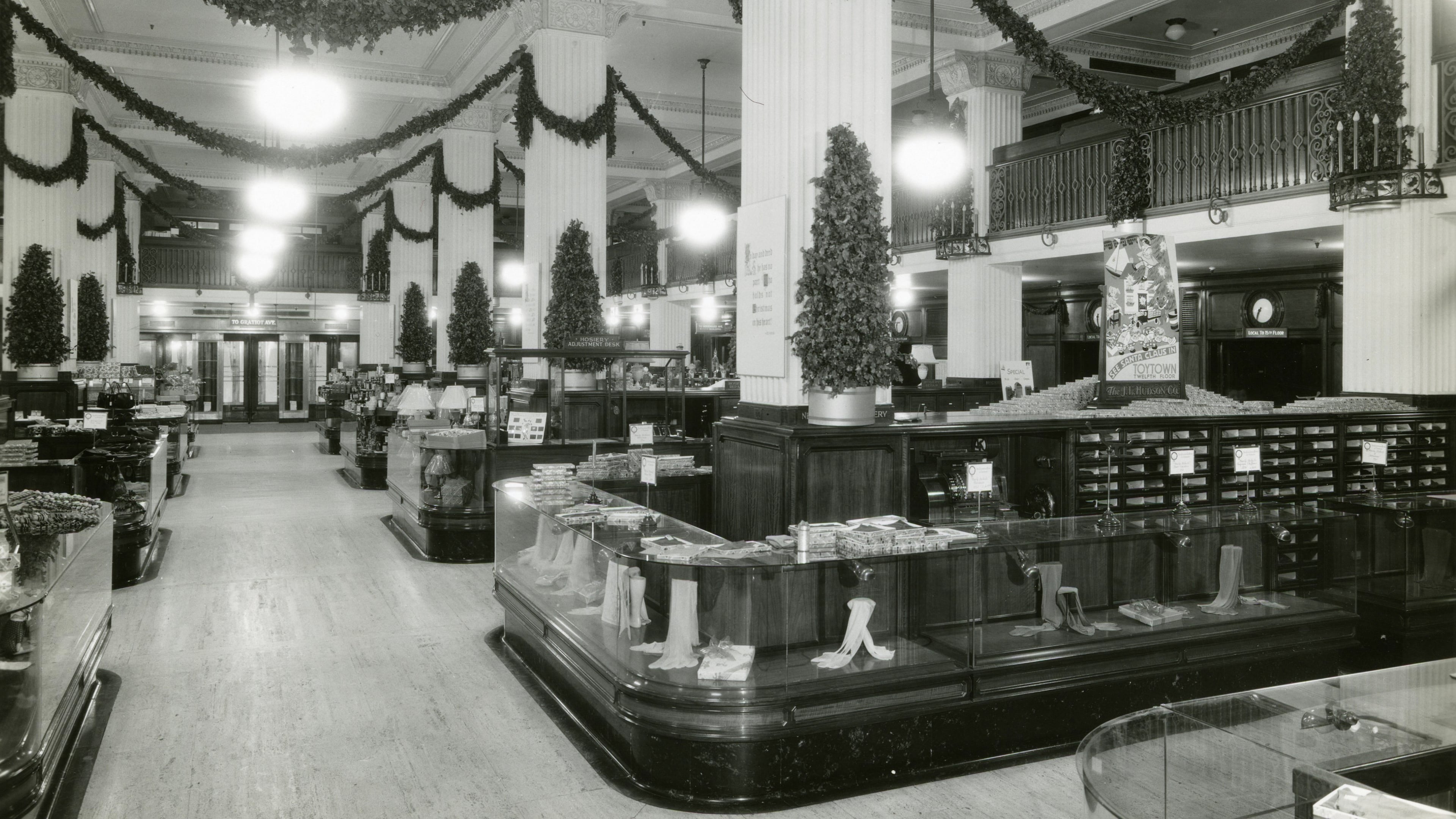 This 1940s photo provided by the Detroit Historical Society shows the J.L. Hudson Company Department Store retail floor decorated for the holidays in Detroit. (Davis B. Hillmer via AP)