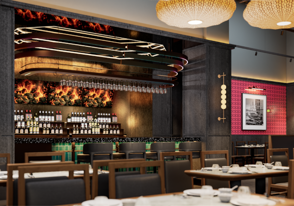 A computerized rendering of the interior of a modern Asian restaurant with a bar.