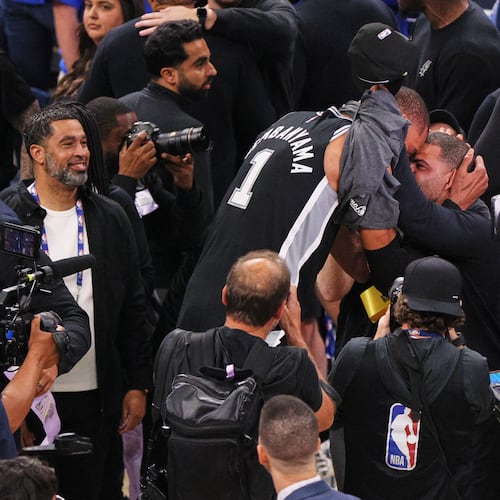 San Antonio Spurs forward Victor Wembanyama celebrates after defeating the Oklahoma City Thunder in Game 7 of the Western Conference finals of the NBA basketball playoffs series Saturday, May 30, 2026, in Oklahoma City. (AP Photo/Nate Billings)
