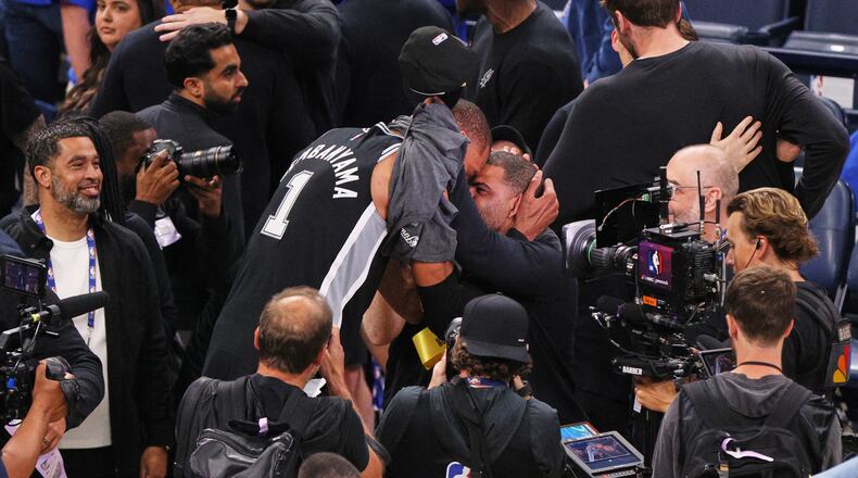 San Antonio Spurs forward Victor Wembanyama celebrates after defeating the Oklahoma City Thunder in Game 7 of the Western Conference finals of the NBA basketball playoffs series Saturday, May 30, 2026, in Oklahoma City. (AP Photo/Nate Billings)