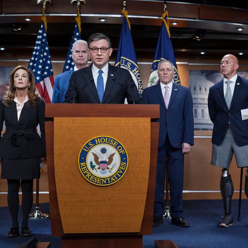 Speaker of the House Mike Johnson, R-La., joined from left by Rep. Lisa McClain, R-Mich., Majority Whip Tom Emmer, R-Minn., Majority Leader Steve Scalise, R-La., and Rep. Brian Mast, R-Fla., chairman of the House Foreign Affairs Committee, talk about the war against Iran, during a news conference at the Capitol in Washington, Wednesday, March 4, 2026. (AP Photo/J. Scott Applewhite)