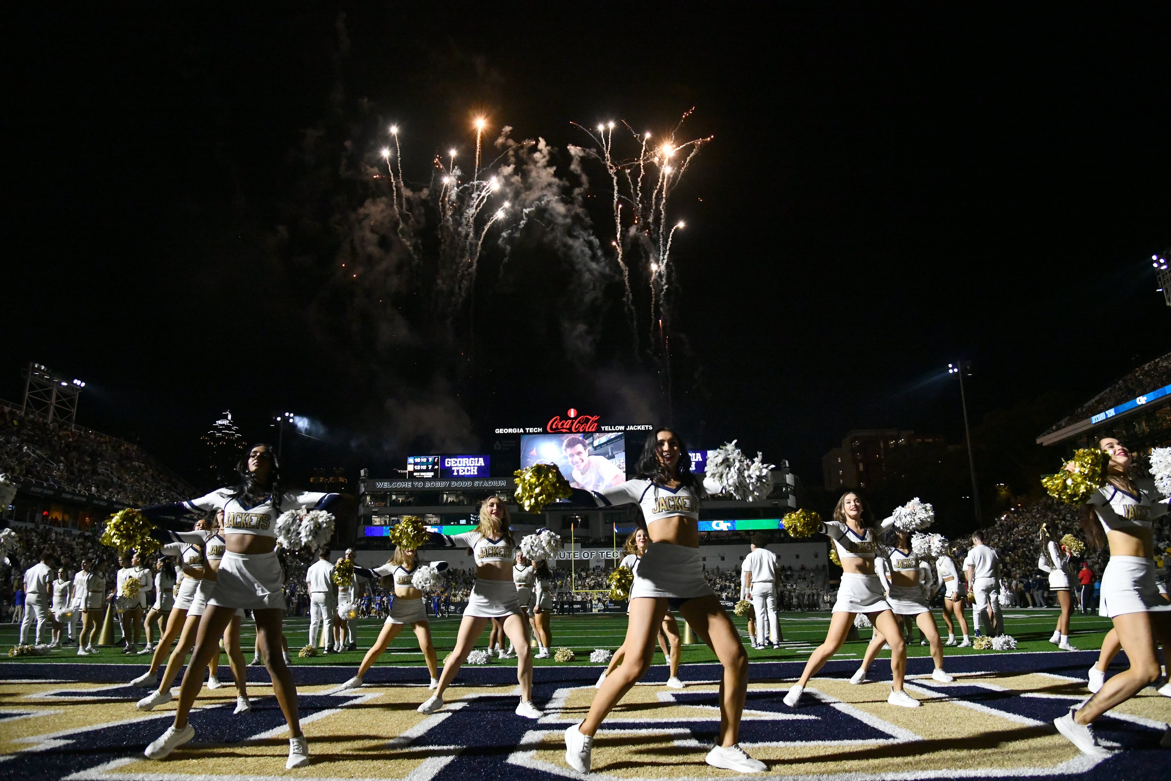 Georgia Tech Cheerleading team performs during the second half in an NCAA college football game at Bobby Dodd Stadium, Saturday, November 22, 2025 in Atlanta. Pittsburgh won 42-28 over Georgia Tech. (Hyosub Shin / AJC)
