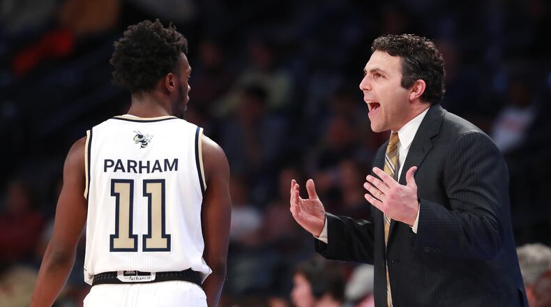 November 11, 2019 Atlanta: Georgia Tech head coach Josh Pastner coaches up guard Bubba Parham during the second half against Elon in a NCAA college basketball game on Monday, November 11, 2019, in Atlanta.   Curtis Compton/ccompton@ajc.com
