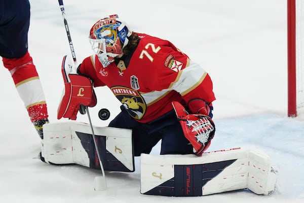 Florida Panthers goalie Sergei Bobrovsky (72) makes a save against the Edmonton Oilers during the first period in Game 6 of the NHL hockey Stanley Cup Final in Sunrise, Fla., Tuesday, June 17, 2025. (Nathan Denette/The Canadian Press via AP)