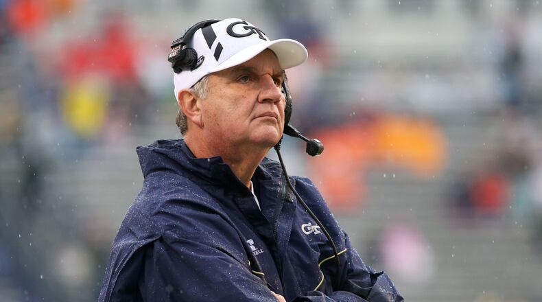 CHARLOTTESVILLE, VA - NOVEMBER 4: Head coach Paul Johnson of the Georgia Tech Yellow Jackets watches a replay in the first quarter during a game against the Georgia Tech Yellow Jackets at Scott Stadium on November 4, 2017 in Charlottesville, Virginia. (Photo by Ryan M. Kelly/Getty Images)