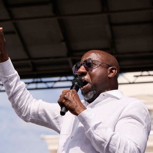 U.S. Sen. Raphael Warnock, D-Ga., rallies the crowd during a voting rights rally in Montgomery, Ala., on Saturday, May 16, 2026. (Mike Stewart/AP)