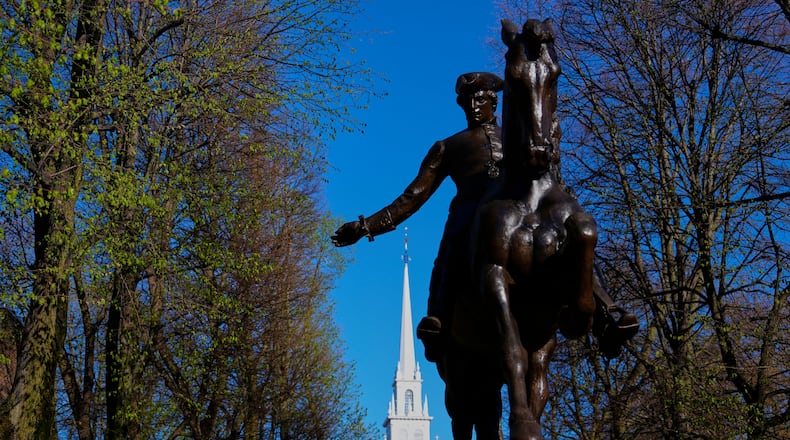 FILE - A statue of American patriot Paul Revere, famous for his 1775 ride to alert colonists of approaching British troops, stands near the Old North Church, Monday, April 20, 2026, in Boston. (AP Photo/Robert F. Bukaty, File)