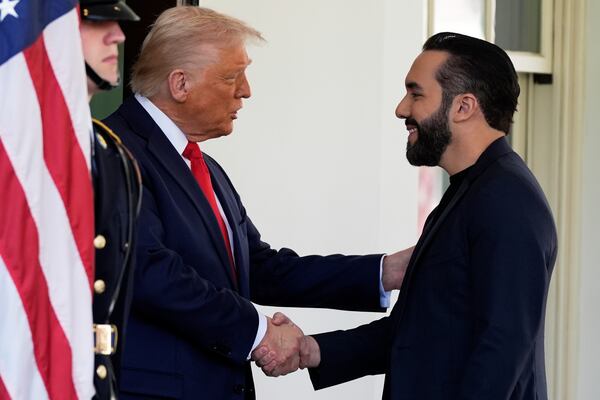 President Donald Trump greets El Salvador's President Nayib Bukele as he arrives at the West Wing of the White House, Monday, April 14, 2025, in Washington. (AP Photo/Alex Brandon)