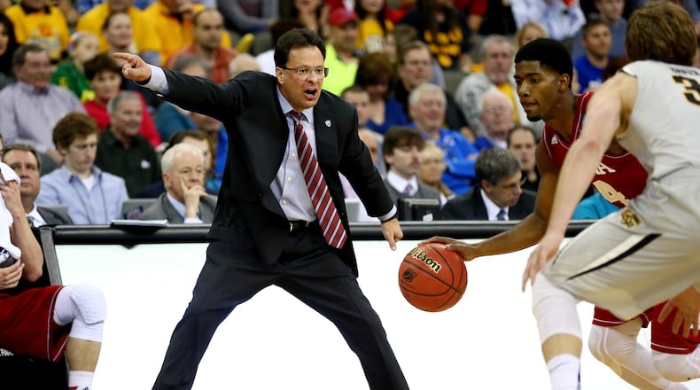 Head coach Tom Crean of the Indiana Hoosiers reacts on the sideline against the Wichita State Shockers during the second round of the 2015 NCAA Men's Basketball Tournament at the CenturyLink Center on March 20, 2015 in Omaha, Nebraska.  (Photo by Ronald Martinez/Getty Images)