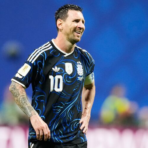 Argentina's Lionel Messi (10) reacts during the World Cup semifinal soccer match between England and Argentina in Atlanta, Wednesday, July 15, 2026. (AP Photo/Rebecca Blackwell)