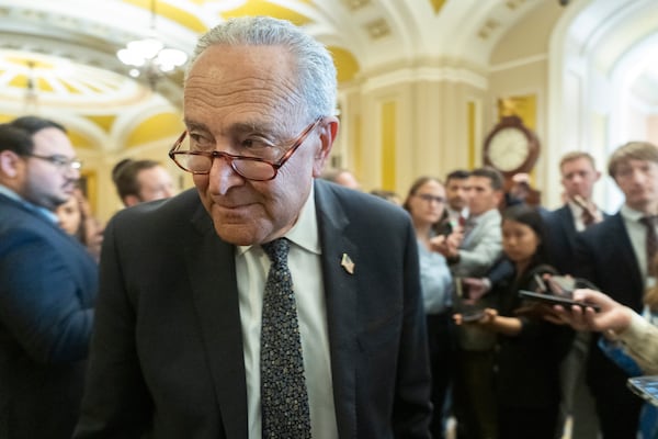 Senate Minority Leader Chuck Schumer, D-N.Y., speaks to reporters outside the Senate chamber as Republicans begin a final push to advance President Donald Trump's tax breaks and spending cuts package, at the Capitol in Washington, Monday, June 30, 2025. (AP Photo/Manuel Balce Ceneta)