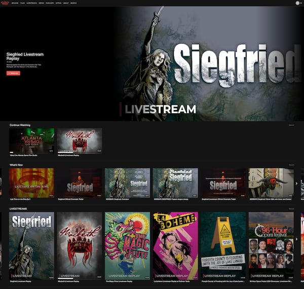 A screenshot of the Atlanta Opera Film Studio's online streaming platform where fans can watch livestreams, edited films, commentaries and educational content all produced at the opera's in-house film studio.