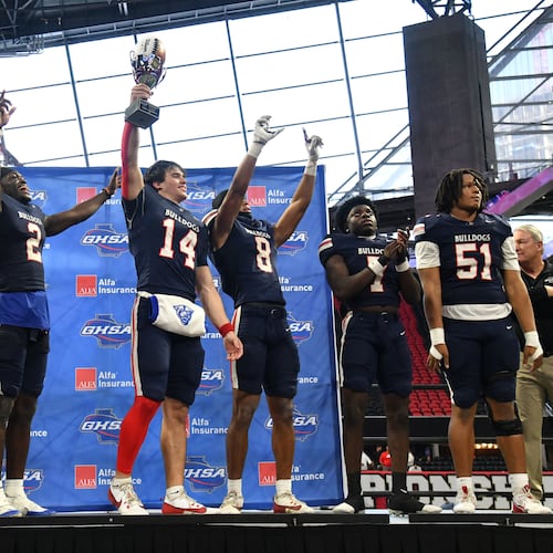 Toombs County, shown here celebrating their victory over Northeast Macon in the GHSA Class A Division I state championship game last year, is trying to reach the finals for the second season in a row. (Hyosub Shin/AJC 2024)