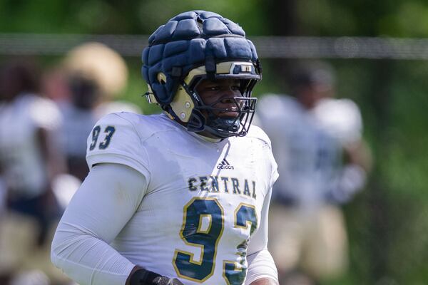 Thomas County Central Yellow Jackets defensive lineman Prince Che runs onto the field during practice Wednesday, July 15, 2026. (A. Wallace for the AJC)