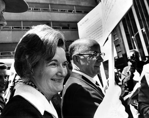 June 5, 1970: Georgia Gov. Lester Maddox and first lady Virginia Maddox picket in front of newspaper building. (AJC file)