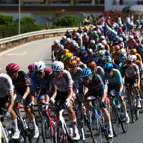 Cyclists ride during the 19th stage of the Spanish Vuelta cycling race, from Vélez-Málaga to Peñas Blancas in Estepona, Spain, Friday, Sept. 11, 2026. (Álex Zea/Europa Press via AP) **SPAIN OUT**
