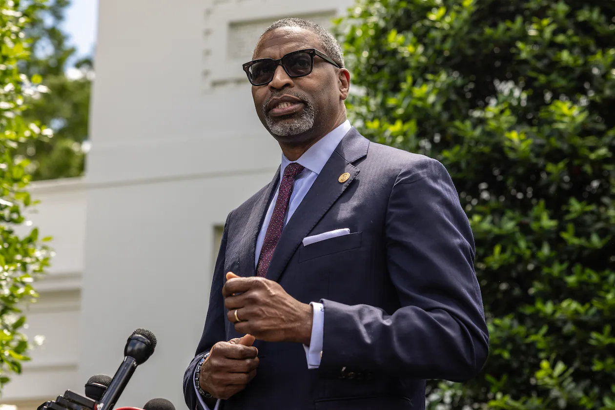 Derrick Johnson, President and CEO of the NAACP, speaks to reporters following a meeting with President Joe Biden at the White House in Washington, May 16, 2024. (Anna Rose Layden/The New York Times)