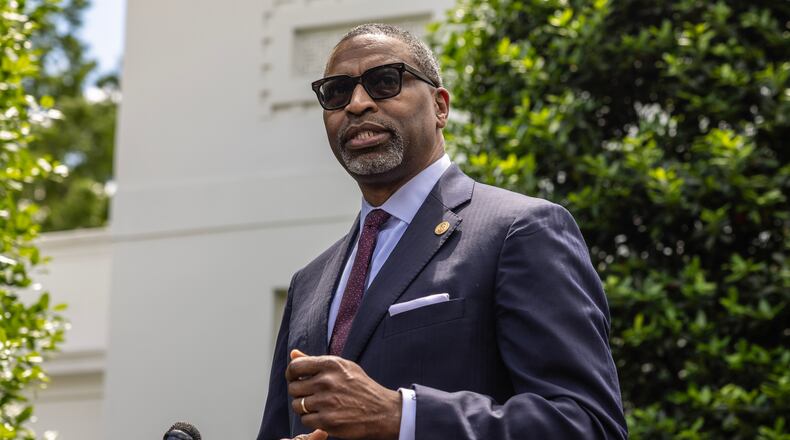 Derrick Johnson, President and CEO of the NAACP, speaks to reporters following a meeting with President Joe Biden at the White House in Washington, May 16, 2024. (Anna Rose Layden/The New York Times)