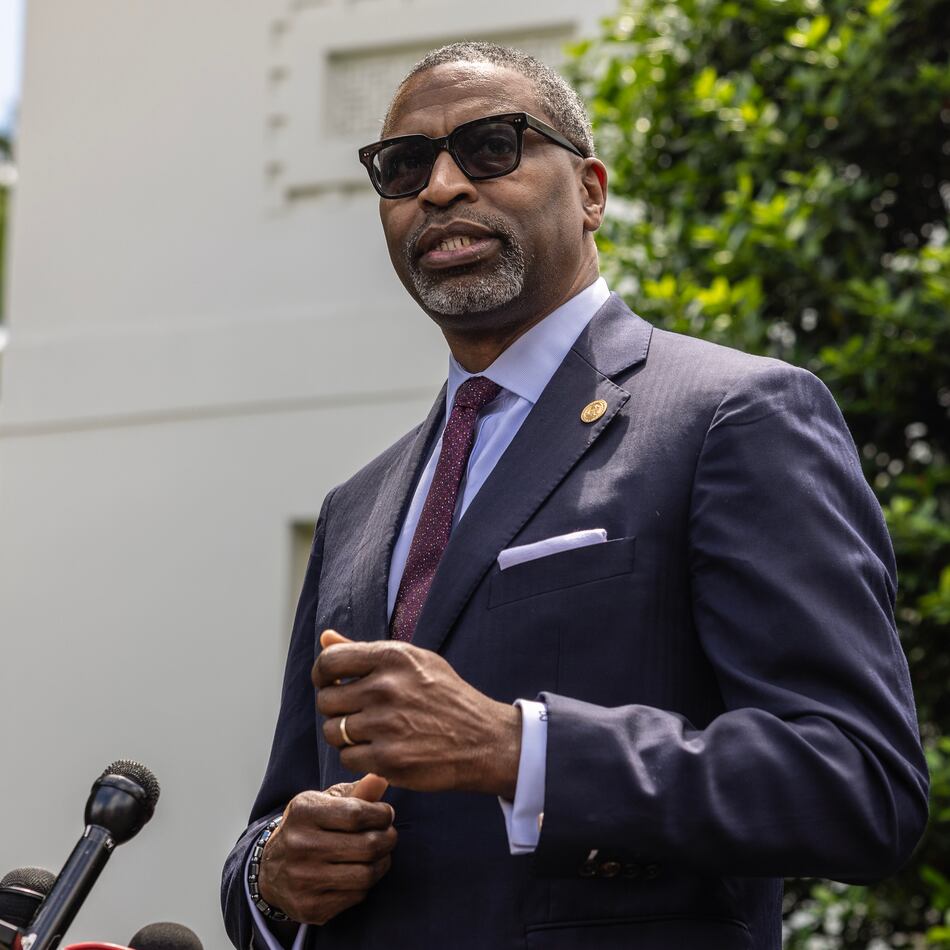 Derrick Johnson, President and CEO of the NAACP, speaks to reporters following a meeting with President Joe Biden at the White House in Washington, May 16, 2024. (Anna Rose Layden/The New York Times)