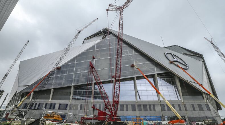 Construction continues on Mercedes-Benz Stadium. (Photo by JOHN SPINK /JSPINK@AJC.COM on April 19)