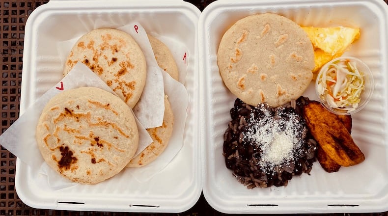 La Bodega offers food from its now-shuttered sister restaurant, Buenos Dias Cafe, including a pupusa sampler (left) and a breakfast plate. Wendell Brock for The Atlanta Journal-Constitution