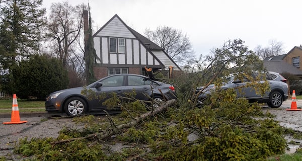 A tree lies fallen between two vehicles at a residence near the intersection of Beech Street and Division Street on Sunday, March 30, 2025, after severe thunderstorms and high winds in East Lansing, Mich. (Arthur H. Trickett-Wile/MLive.com/The Grand Rapids Press via AP)