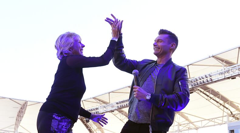 CARSON, CA - MAY 13: Ryan Seacrest (R) and Constance Marie Zullinger speak onstage during 102.7 KIIS FM's 2017 Wango Tango at StubHub Center on May 13, 2017 in Carson, California. (Photo by Kevin Winter/Getty Images)
