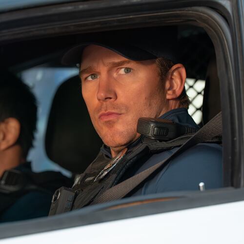 This image released by Amazon MGM Studios shows Kenneth Choi, left, and Chris Pratt in a scene from "Mercy." (Justin Lubin/Amazon MGM Studios via AP)