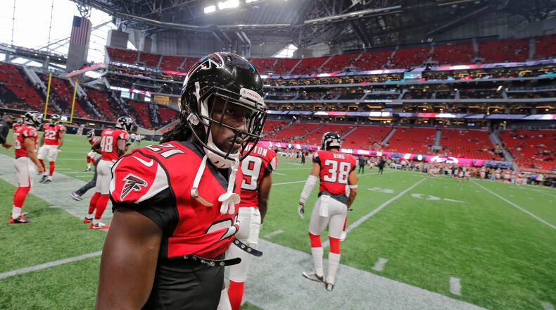 Falcons cornerback Desmond Trufant takes the field during pregame warmups in the first game at Mercedes-Benz Stadium Saturday, Aug. 26, 2017, against the Arizona Cardinals in Atlanta.