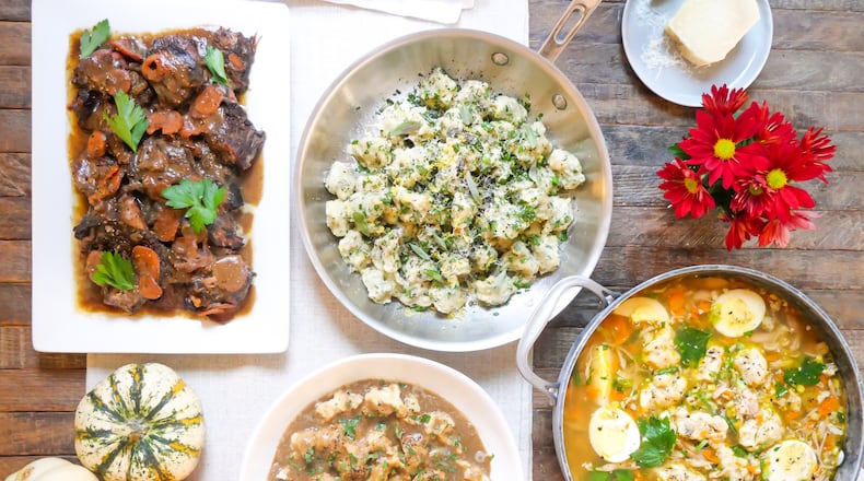Rivels are easy and versatile dumplings that can be prepared in a skillet with garlic butter and dressed with herbs and Parmesan cheese (top center), can thicken soups (lower right), or can be served on the side with gravy (lower center) from meats such as short rib (upper left). (Chadwick Boyd for The Atlanta Journal-Constitution)