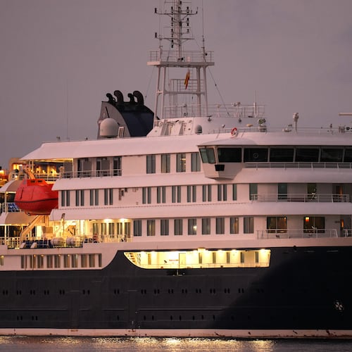 The hantavirus-stricken cruise ship MV Hondius is seen at anchor after arriving at the port of Granadilla in Tenerife, Canary Islands, Spain, Sunday, May 10, 2026. (AP Photo/Manu Fernandez)