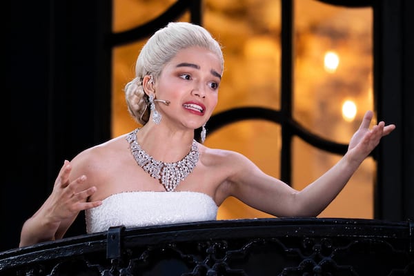 Rachel Zegler performs the song 'Don't Cry For Me Argentina' from The London Palladium Theatre balcony during a performance of Evita on Wednesday, June 18, 2025, in London. (Photo by Scott A Garfitt/Invision/AP)