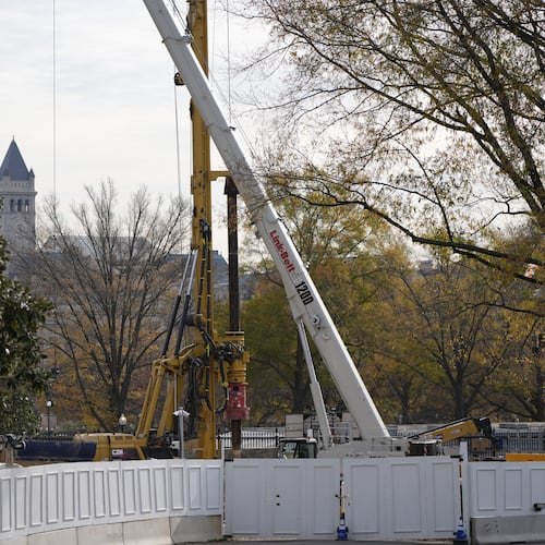 Construction of a new ballroom continues on the East Wing of the White House, Tuesday, Nov. 23, 2025, in Washington. (AP Photo/Alex Brandon)